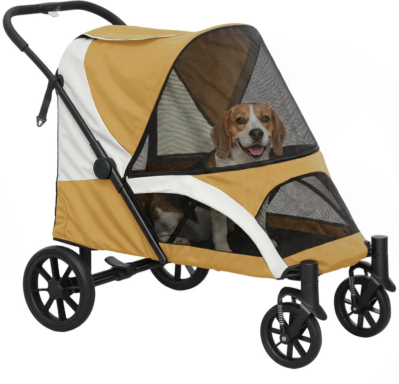 Hundewagen Hundebuggy klappbar für große Hunde & Katzen bis 30 kg Katzenbuggy mit Kissen Netzfenstern Türen Aufbewahrungstasche Katzenwagen mit Sicherheitsleinen, Bremsen, Buggy de PawHut en Marron – photo produit 1 sur 4