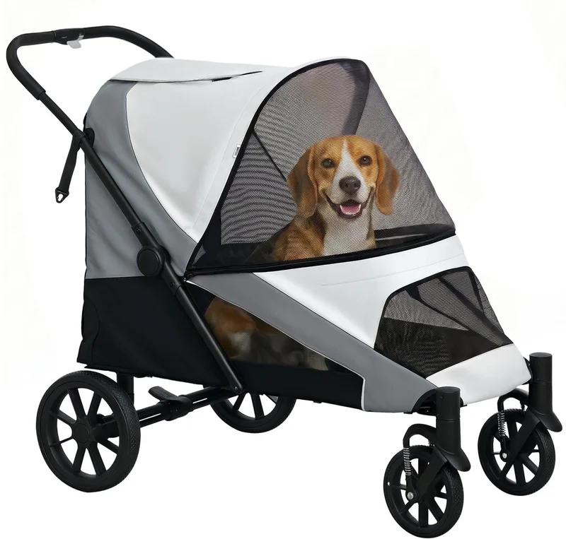 Hundewagen Hundebuggy klappbar für große Hunde & Katzen bis 30 kg Katzenbuggy mit Kissen Netzfenstern Türen Aufbewahrungstasche Katzenwagen mit Sicherheitsleinen, Bremsen, Buggy de PawHut en Gris – photo produit 1 sur 4