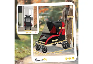 Hundewagen Hundebuggy klappbar für große Hunde & Katzen bis 30 kg Katzenbuggy mit Kissen Netzfenstern Türen Aufbewahrungstasche Katzenwagen mit Sicherheitsleinen, Bremsen, Buggy von PawHut in Schwarz – Produktfoto 3 von 4