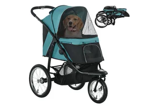 Hundewagen Hundebuggy klappbar für Hunde & Katzen bis 20 kg Katzenbuggy mit geländegängige Gummiräder Kissen Netzfenstern Türen Katzenwagen mit Aufbewahrungskorb Buggy by PawHut in Dark green – product photo 2 of 4