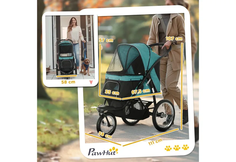 Hundewagen Hundebuggy klappbar für Hunde & Katzen bis 20 kg Katzenbuggy mit geländegängige Gummiräder Kissen Netzfenstern Türen Katzenwagen mit Aufbewahrungskorb Buggy by PawHut in Dark green – product photo 3 of 4