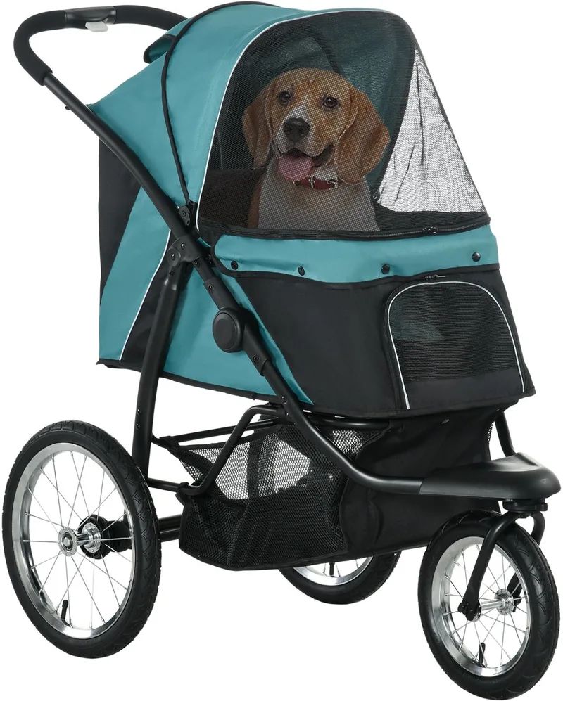 Hundewagen Hundebuggy klappbar für Hunde & Katzen bis 20 kg Katzenbuggy mit geländegängige Gummiräder Kissen Netzfenstern Türen Katzenwagen mit Aufbewahrungskorb Buggy by PawHut in Dark green – product photo 1 of 4