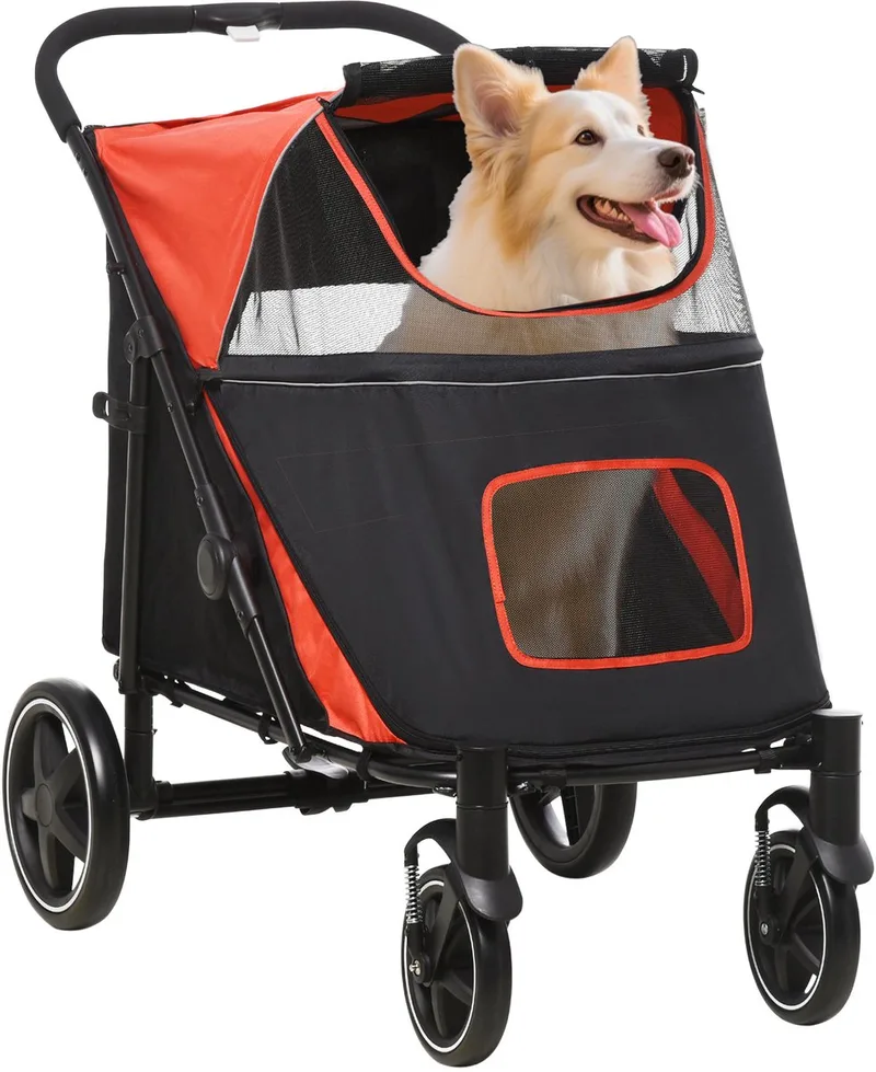 Hundewagen, Hundebuggy mit Kissen, faltbarer Hundetrolley, Katzenbuggy für große und mittelgroße Hunde, Hundetrolley mit Netzfenster, Sicherheitsleinen, Tasche, Oxfordstoff de PawHut en Rouge – photo produit