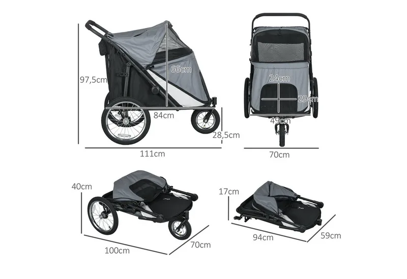 Hundewagen Hundebuggy mit Netzfenstern, Klappbarer Katzenwagen mit Sicherheitsleine, große Gummiräder für Mittelgroße, Große Hunde bis 30 kg, Oxford by PawHut in Grey – product photo 3 of 5