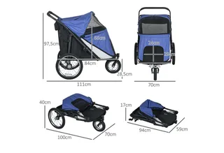 Hundewagen Hundebuggy mit Netzfenstern, Klappbarer Katzenwagen mit Sicherheitsleine, große Gummiräder für Mittelgroße, Große Hunde bis 30 kg, Oxford by PawHut in Blue – product photo 3 of 5