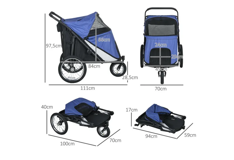 Hundewagen Hundebuggy mit Netzfenstern, Klappbarer Katzenwagen mit Sicherheitsleine, große Gummiräder für Mittelgroße, Große Hunde bis 30 kg, Oxford by PawHut in Blue – product photo 3 of 5