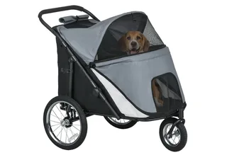 Hundewagen Hundebuggy mit Netzfenstern, Klappbarer Katzenwagen mit Sicherheitsleine, große Gummiräder für Mittelgroße, Große Hunde bis 30 kg, Oxford by PawHut in Grey – product photo 2 of 5