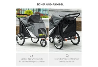 Hundewagen Hundebuggy mit Netzfenstern, Klappbarer Katzenwagen mit Sicherheitsleine, große Gummiräder für Mittelgroße, Große Hunde bis 30 kg, Oxford by PawHut in Grey – product photo 5 of 5