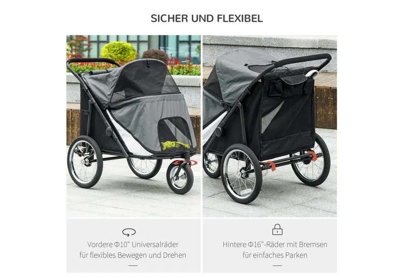 Hundewagen Hundebuggy mit Netzfenstern, Klappbarer Katzenwagen mit Sicherheitsleine, große Gummiräder für Mittelgroße, Große Hunde bis 30 kg, Oxford by PawHut in Grey – product photo 5 of 5