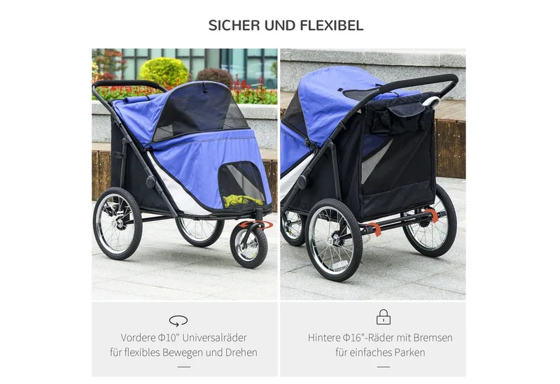 Hundewagen Hundebuggy mit Netzfenstern, Klappbarer Katzenwagen mit Sicherheitsleine, große Gummiräder für Mittelgroße, Große Hunde bis 30 kg, Oxford by PawHut in Blue – product photo 5 of 5