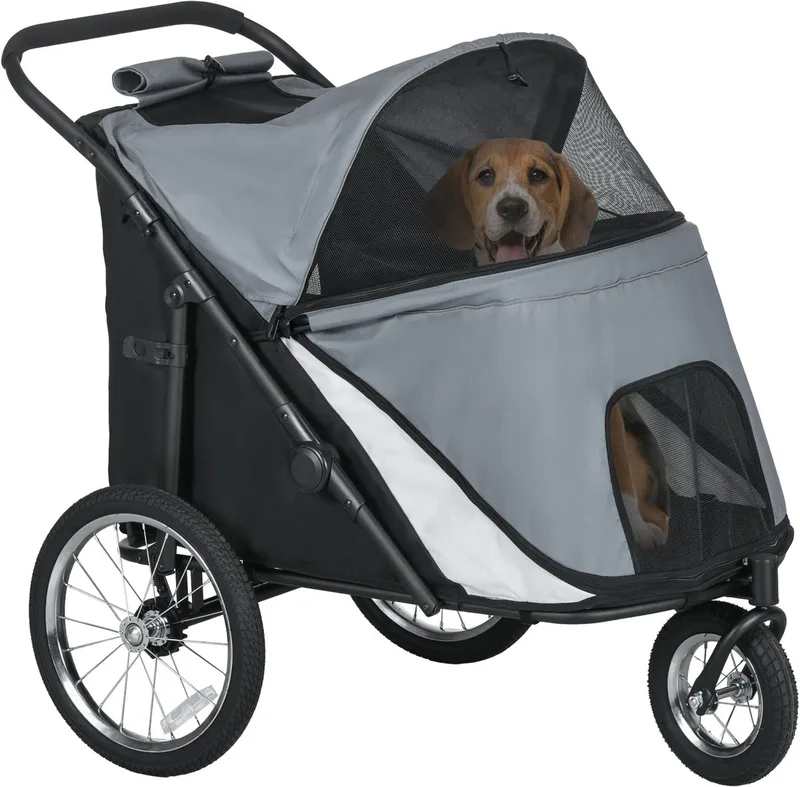 Hundewagen Hundebuggy mit Netzfenstern, Klappbarer Katzenwagen mit Sicherheitsleine, große Gummiräder für Mittelgroße, Große Hunde bis 30 kg, Oxford by PawHut in Grey – product photo