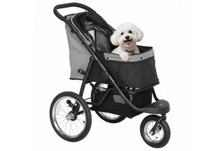 Hundewagen Jogger Hundebuggy klappbar für kleine Hunde & Katzen bis 10 kg Katzenbuggy mit 3 große Gummiräder, Kissen Netzfenstern Aufbewahrungskorb Katzenwagen mit Sicherheitsleinen by PawHut in Grey – product photo 2 of 5
