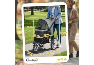 Hundewagen Jogger Hundebuggy klappbar für kleine Hunde & Katzen bis 10 kg Katzenbuggy mit 3 große Gummiräder, Kissen Netzfenstern Aufbewahrungskorb Katzenwagen mit Sicherheitsleinen by PawHut in Grey – product photo 3 of 5
