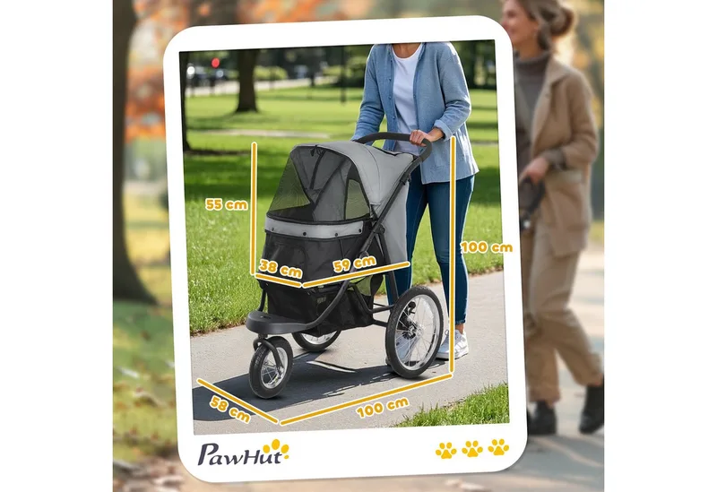 Hundewagen Jogger Hundebuggy klappbar für kleine Hunde & Katzen bis 10 kg Katzenbuggy mit 3 große Gummiräder, Kissen Netzfenstern Aufbewahrungskorb Katzenwagen mit Sicherheitsleinen by PawHut in Grey – product photo 3 of 5