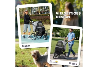 Hundewagen Jogger Hundebuggy klappbar für kleine Hunde & Katzen bis 10 kg Katzenbuggy mit 3 große Gummiräder, Kissen Netzfenstern Aufbewahrungskorb Katzenwagen mit Sicherheitsleinen by PawHut in Grey – product photo 4 of 5