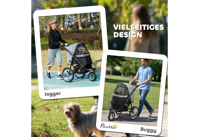 Hundewagen Jogger Hundebuggy klappbar für kleine Hunde & Katzen bis 10 kg Katzenbuggy mit 3 große Gummiräder, Kissen Netzfenstern Aufbewahrungskorb Katzenwagen mit Sicherheitsleinen by PawHut in Grey – product photo 4 of 5