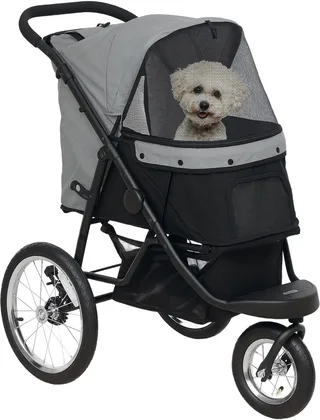 Hundewagen Jogger Hundebuggy klappbar für kleine Hunde & Katzen bis 10 kg Katzenbuggy mit 3 große Gummiräder, Kissen Netzfenstern Aufbewahrungskorb Katzenwagen mit Sicherheitsleinen by PawHut in Grey – product photo 1 of 5
