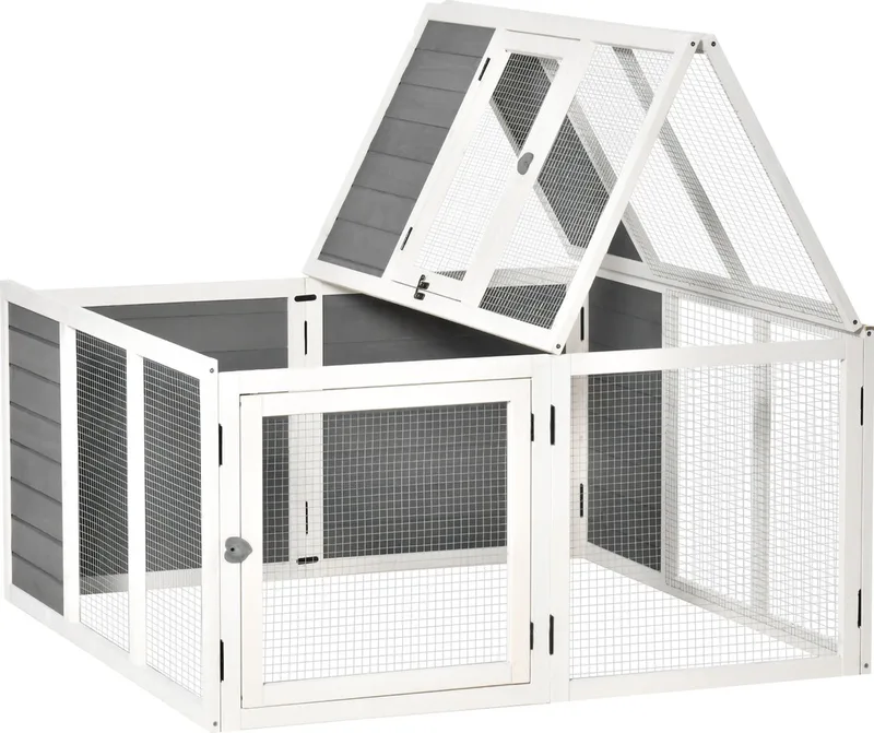 Kaninchenstall aus Holz, Kleintierstall mit Freilaufgehege, Kaninchenkäfig mit aufklappbarem Dach für Meerschweinchen, Hellgrau, 120 x 120 x 60 cm by PawHut in Light grey – product photo