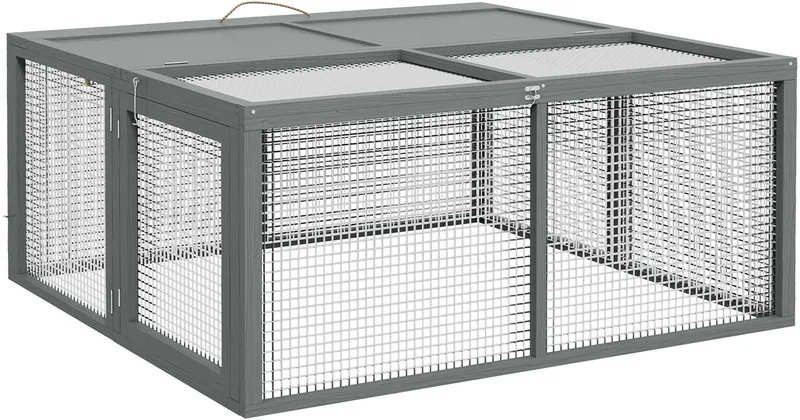 Kaninchenstall für Zwergkaninchen aus Holz, Klappbar Kleintierstall mit Freilaufgehege, Zwergkaninchenstall mit aufklappbarem Dach Griff für Meerschweinchen, 110 x 105 x 50 cm by PawHut in Grey – product photo