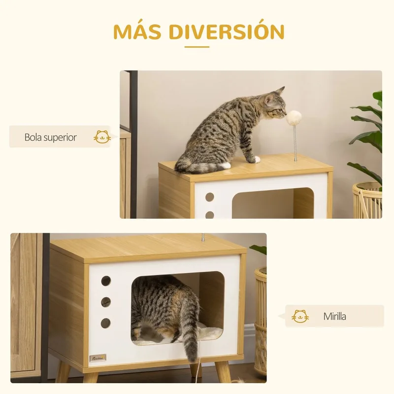 Katten Bed - Kattenbed Met Kussen - Kattenmeubel - Kat - Katten - Kattenbak Kast - Kattenbak - Kattenkast - Kattenbench - Kast - Kastje - Dressoir - Dressoir Kasten - Dressoirs - Kattenkooi - Ombouw - Hout by PawHut in Oak – product photo