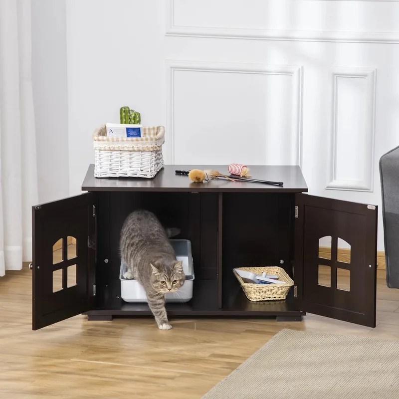 Katten Kast - Kattenschuur - Katten - Kat - Kattenspeelgoed - Kattenmand - Bijzettafel - Tafel - Woonkamer Tafel - Woonkamertafel - Tafeltje - Kattenhuis - Kattenhuis Voor Buiten - Kattenhuis Voor Binnen von PawHut in Bruine Koffie – Produktfoto