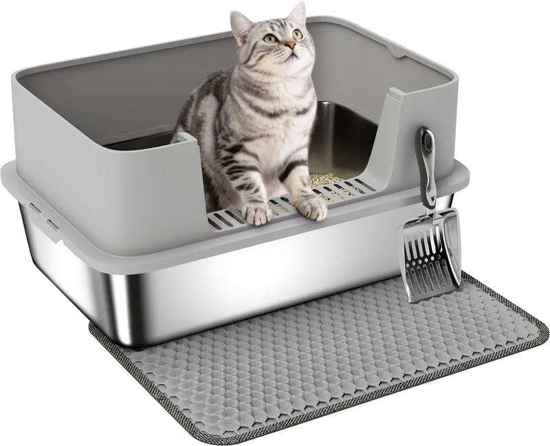 Kattenbak - Roestvrij Staal - 60,2 x 40,2 x 29,5 cm de PawHut en Gris – photo produit