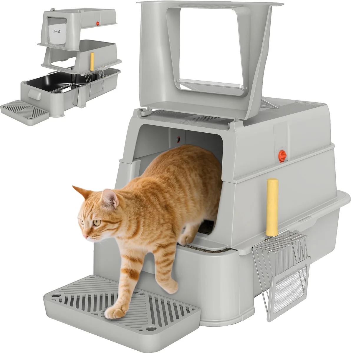 Kattenbak - Roestvrij staal, ABS - 63x43x43cm van PawHut in Lichtgrijs – productfoto