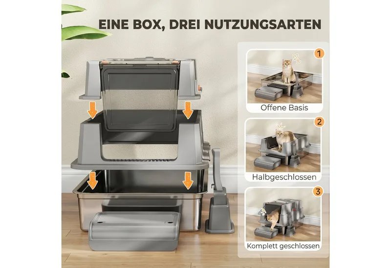 Kattenbak-Roestvrij staal, ABS-70L x 50B x 43H cm-Grijs de PawHut – photo produit 5 sur 5