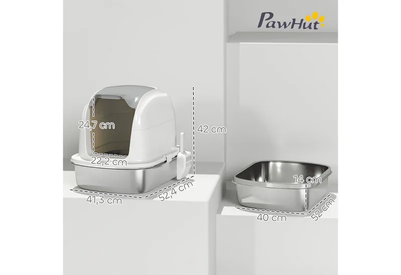 Kattenbak-Roestvrij staal, kunststof-52,4L x 41,3B x 42H cm-Wit by PawHut – product photo 3 of 5