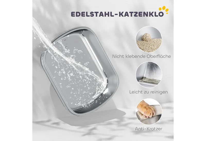 Kattenbak-Roestvrij staal, kunststof-52,4L x 41,3B x 42H cm-Wit by PawHut – product photo 4 of 5