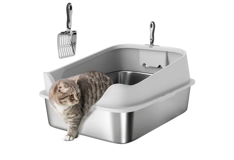 Kattenbak-Roestvrij staal, Kunststof-69,8L x 50,3B x 29,8H cm-Grijs von PawHut – Produktfoto 2 von 5