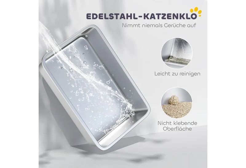 Kattenbak-Roestvrij staal, Kunststof-69,8L x 50,3B x 29,8H cm-Grijs von PawHut – Produktfoto 4 von 5