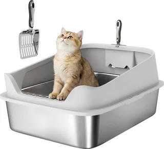 Kattenbak-Roestvrij staal, Kunststof-69,8L x 50,3B x 29,8H cm-Grijs von PawHut – Produktfoto 1 von 5