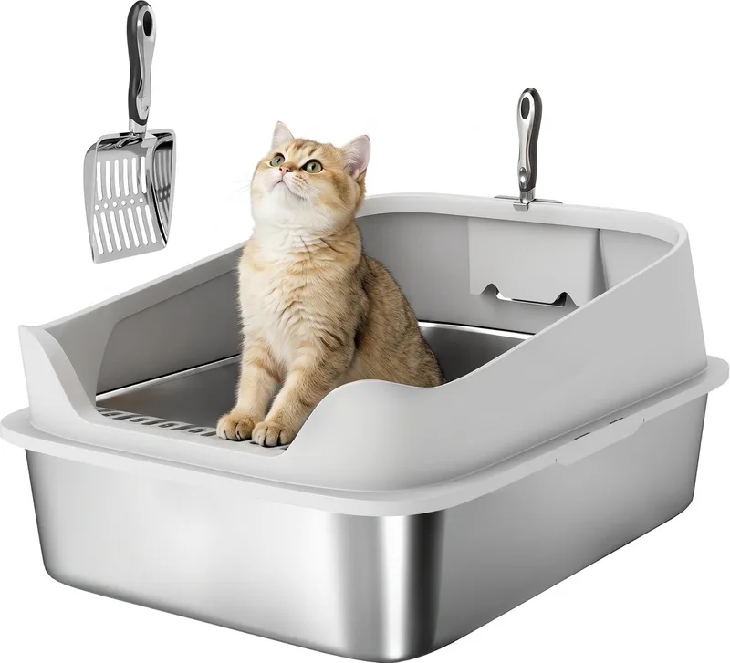 Kattenbak-Roestvrij staal, Kunststof-69,8L x 50,3B x 29,8H cm-Grijs von PawHut – Produktfoto 1 von 5