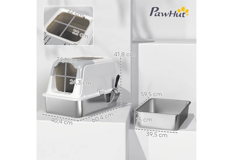 Kattenbak van PawHut Roestvrij staal, kunststof 60,4L x 40,4B x 41,8H cm Wit von PawHut – Produktfoto 3 von 5