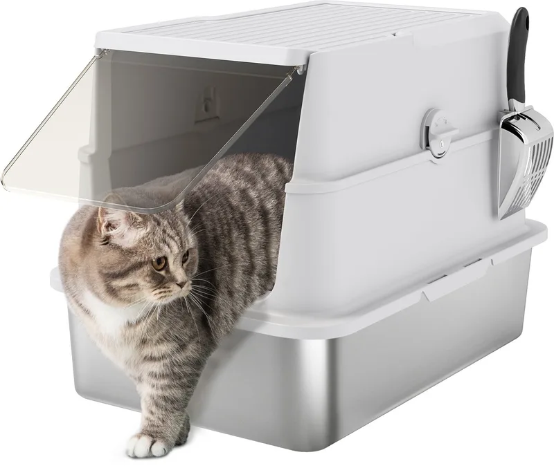 Kattenbak van PawHut Roestvrij staal, plastic 60,2L x 40,2B x 43,3H cm Lichtgrijs de PawHut – photo produit 1 sur 5