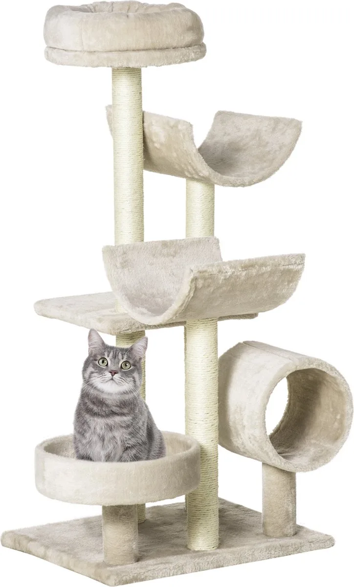 Kattenboom kattenkrabboom speelgoed tunnel katten klimboom krabboom D30-191 de PawHut en Beige – photo produit