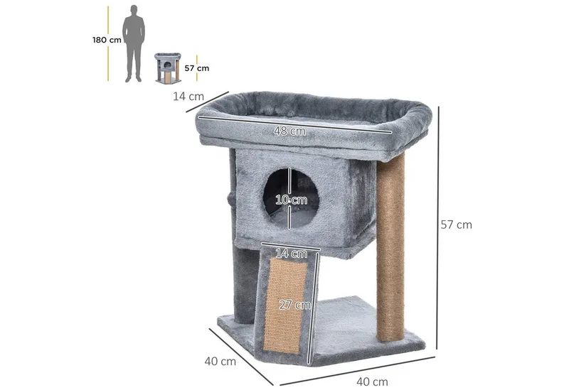 kattenboom met jute krabmat zitstok hangbal krabplank kattenmeubel met deurgat meubel voor huisdieren MDF pluche jute lichtgrijs 40 x 40 x 57 cm by PawHut in Grey – product photo 3 of 5