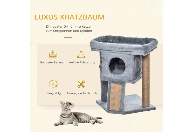 kattenboom met jute krabmat zitstok hangbal krabplank kattenmeubel met deurgat meubel voor huisdieren MDF pluche jute lichtgrijs 40 x 40 x 57 cm by PawHut in Grey – product photo 4 of 5