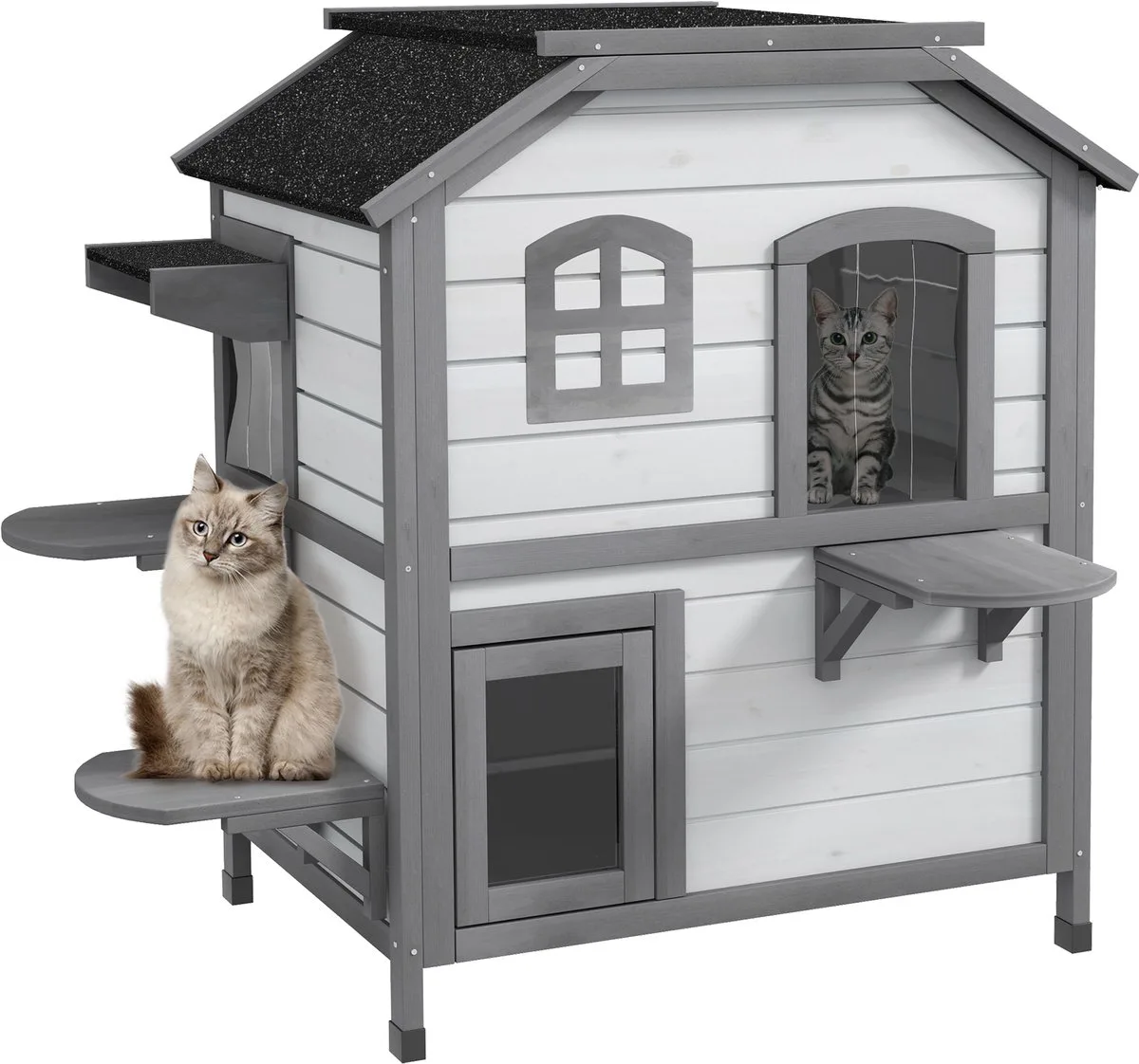 Kattenhuis 2 Etages met Vier Ingangen - Kattenvilla, Buitenverblijf - Wit en Grijs van PawHut in Hellgrau+Weiß – productfoto