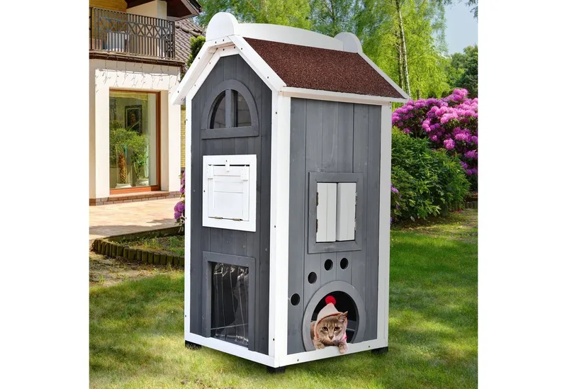 Kattenhuis - bitumen dak - weerbestendigheid - 2 verdiepingen de PawHut en Gris – photo produit 2 sur 5