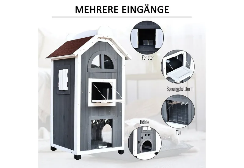 Kattenhuis - bitumen dak - weerbestendigheid - 2 verdiepingen de PawHut en Gris – photo produit 5 sur 5