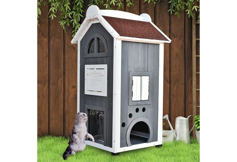 Kattenhuis - bitumen dak - weerbestendigheid - 2 verdiepingen de PawHut en Gris – photo produit 3 sur 5