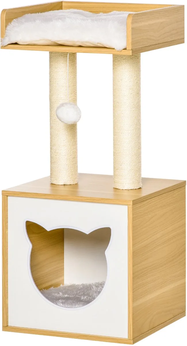 Kattenhuis Kort Pluche Speelgoed - 35x35x81cm - Eikenhout fra PawHut – produktbillede