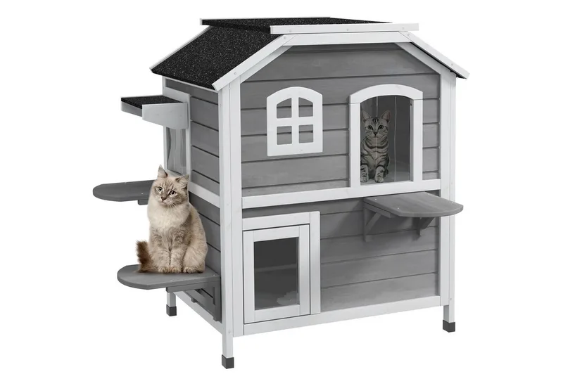 kattenhuis - met 2 verdiepingen - asfaltdak - hout by PawHut in Grey – product photo 2 of 5