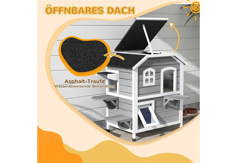 kattenhuis - met 2 verdiepingen - asfaltdak - hout by PawHut in Grey – product photo 4 of 5