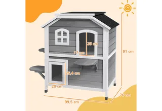 kattenhuis - met 2 verdiepingen - asfaltdak - hout by PawHut in Grey – product photo 3 of 5