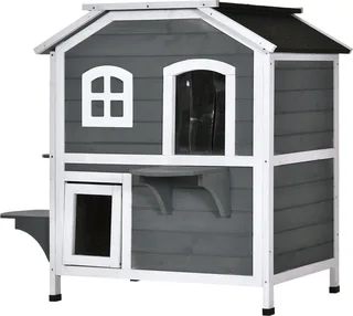 kattenhuis - met 2 verdiepingen - asfaltdak - hout by PawHut in Grey – product photo 1 of 5