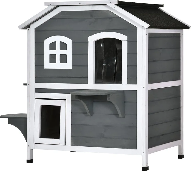 kattenhuis - met 2 verdiepingen - asfaltdak - hout by PawHut in Grey – product photo 1 of 5