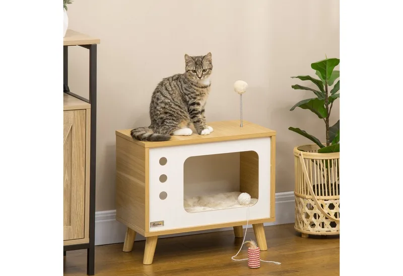 Kattenhuis met kussen D30-595V00 by PawHut in Eiche, Beige, White – product photo 2 of 5